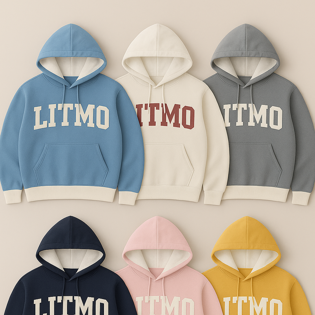 Six hoodies in different colors with 'LITMO' branding on a beige background